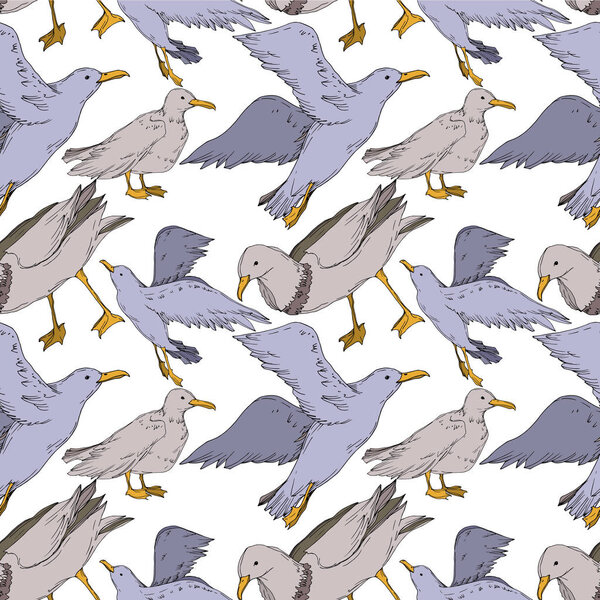 Vector Sky bird seagull isolated. Black and white engraved ink art. Seamless background pattern.