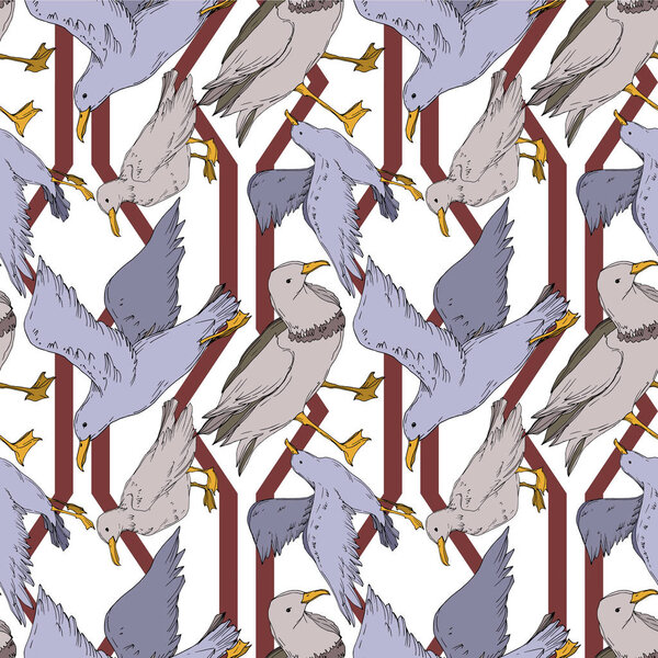 Vector Sky bird seagull isolated. Black and white engraved ink art. Seamless background pattern.