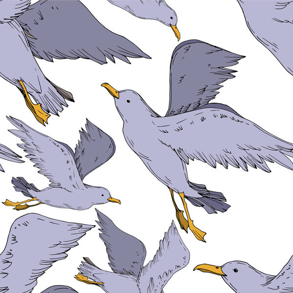 Vector Sky bird seagull isolated. Black and white engraved ink art. Seamless background pattern.