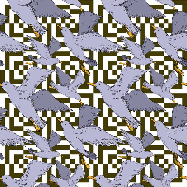 Vector Sky bird seagull isolated. Black and white engraved ink art. Seamless background pattern.