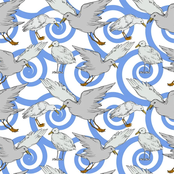 Vector Sky vogel zeemeeuw in een Wildlife geïsoleerd. Zwart-wit gegraveerd Ink Art. Naadloos achtergrond patroon. — Stockvector