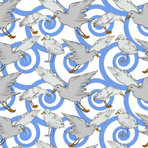 Vector Sky bird seagull in a wildlife isolated. Black and white engraved ink art. Seamless background pattern.