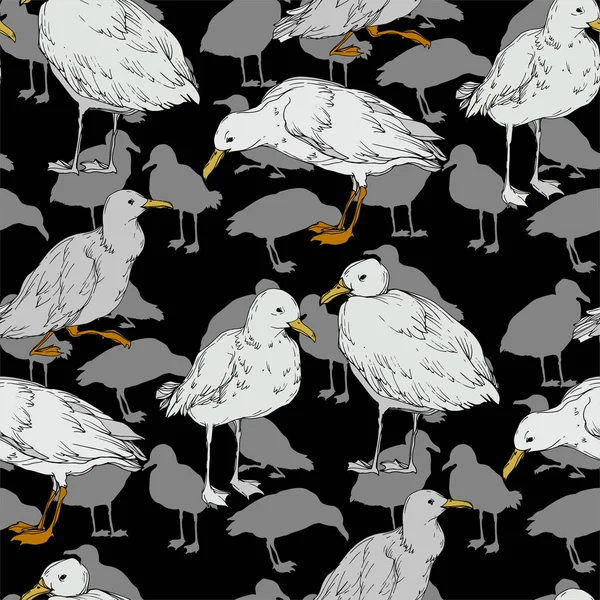 Vector Sky bird seagull in a wildlife isolated. Black and white engraved ink art. Seamless background pattern. — Stock Vector