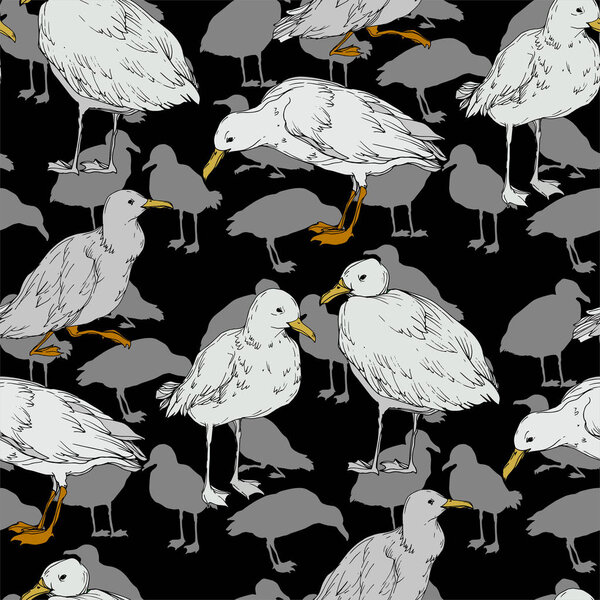 Vector Sky bird seagull in a wildlife isolated. Black and white engraved ink art. Seamless background pattern.
