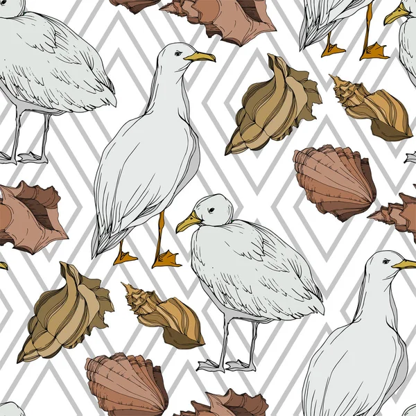 Vector Sky bird seagull in a wildlife isolated. Black and white engraved ink art. Seamless background pattern. — Stock Vector