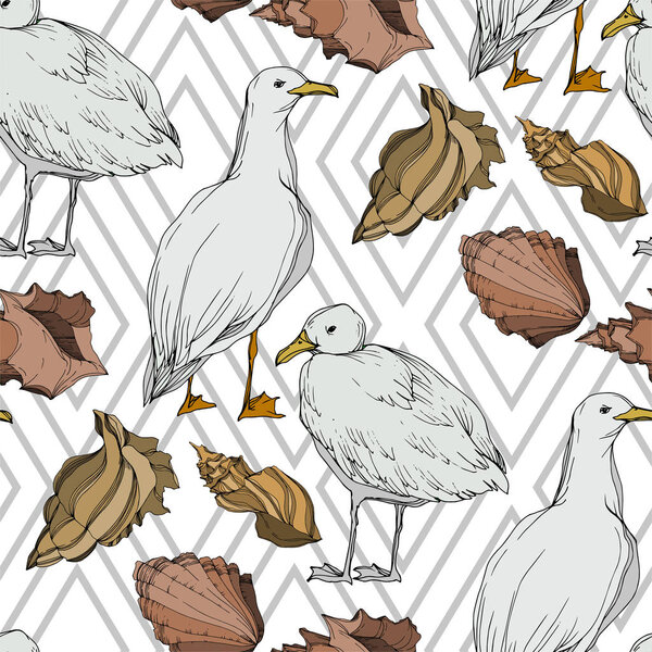 Vector Sky bird seagull in a wildlife isolated. Black and white engraved ink art. Seamless background pattern.