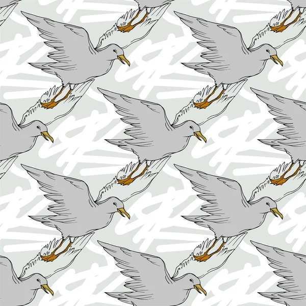 Vector Sky bird seagull in a wildlife isolated. Black and white engraved ink art. Seamless background pattern. — Stock Vector