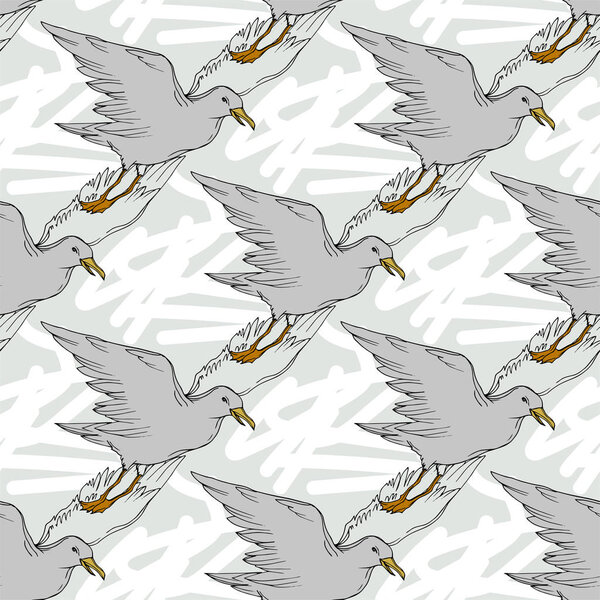 Vector Sky bird seagull in a wildlife isolated. Black and white engraved ink art. Seamless background pattern.