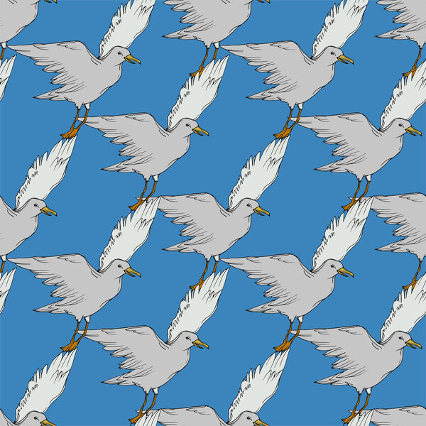 Vector Sky bird seagull in a wildlife isolated. Black and white engraved ink art. Seamless background pattern.
