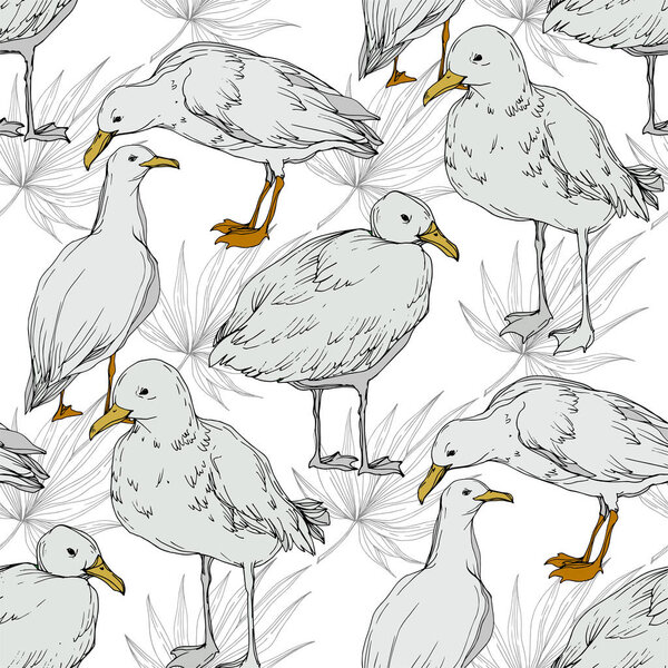 Vector Sky bird seagull in a wildlife isolated. Black and white engraved ink art. Seamless background pattern.