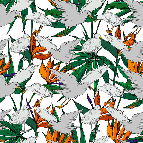 Vector Sky bird seagull in a wildlife isolated. Black and white engraved ink art. Seamless background pattern.