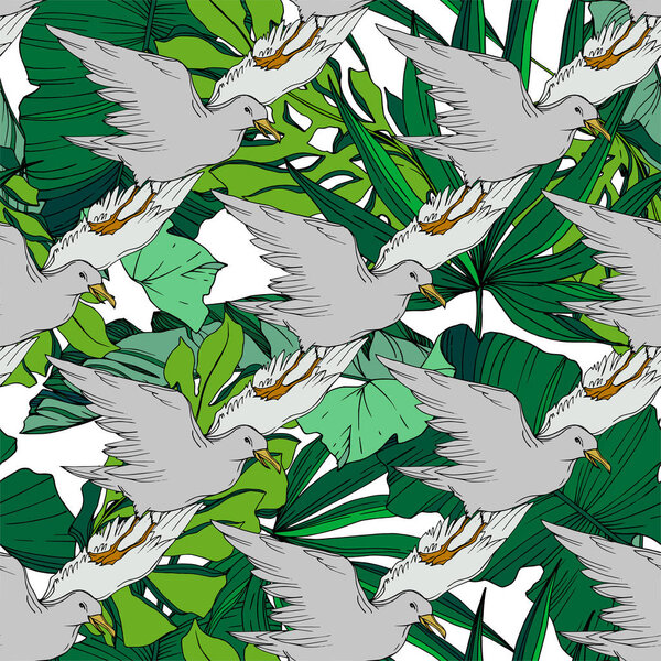 Vector Sky bird seagull in a wildlife isolated. Black and white engraved ink art. Seamless background pattern.