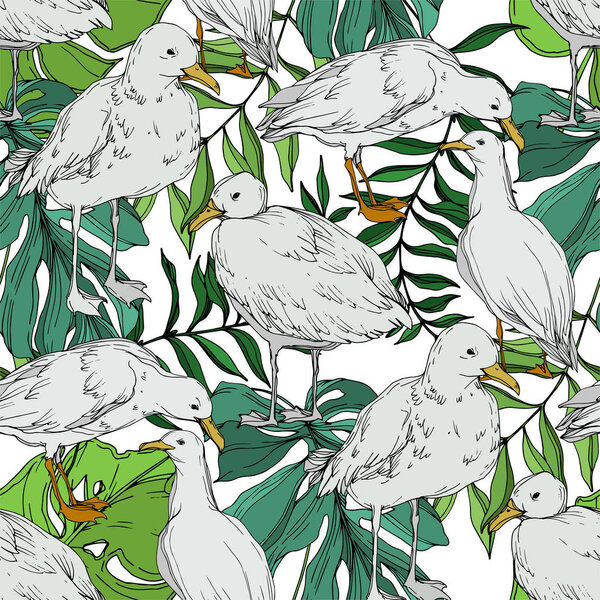 Vector Sky bird seagull in a wildlife isolated. Black and white engraved ink art. Seamless background pattern.