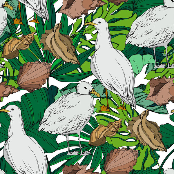 Vector Sky bird seagull in a wildlife isolated. Black and white engraved ink art. Seamless background pattern.