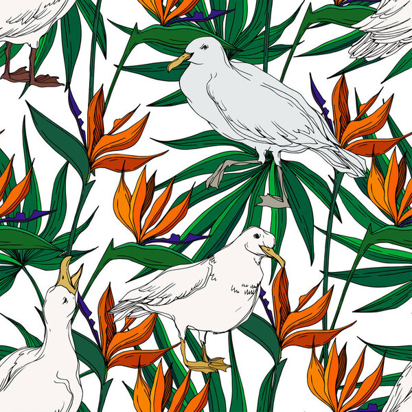 Векторная чайка в дикой природе. Черно-белый рисунок чернил. Бесшовный рисунок фона
.