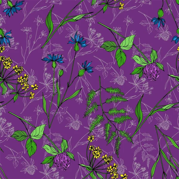 Vector Wildflowers floral botanical flowers. Black and white engraved ink art. Seamless background pattern. Stock Vector