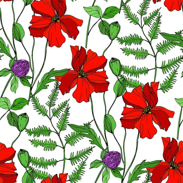 Vector Wildflowers floral botanical flowers. Black and white engraved ink art. Seamless background pattern. Royalty Free Stock Vectors