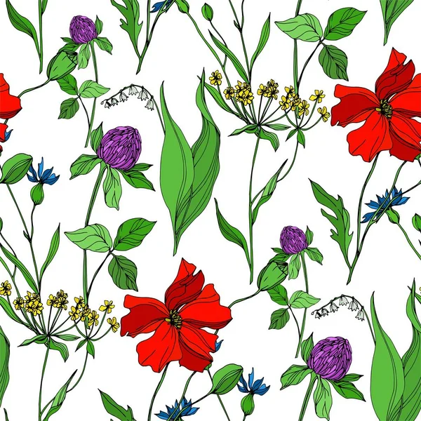 Vector Wildflowers floral botanical flowers. Black and white engraved ink art. Seamless background pattern. Royalty Free Stock Illustrations