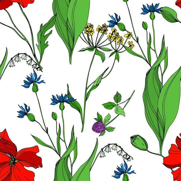 Vector Wildflowers floral botanical flowers. Black and white engraved ink art. Seamless background pattern. Stock Illustration
