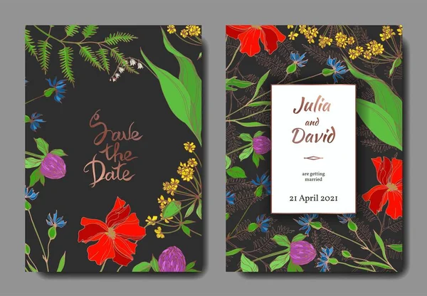 Vector Wildflowers botanical flowers. Black and white engraved ink art. Wedding background card decorative border. Stock Illustration