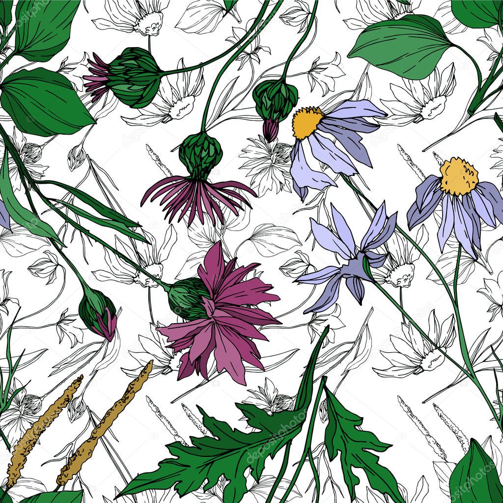 Vector wildflowers floral botanical flowers. Black and white engraved ink art. Seamless background pattern.