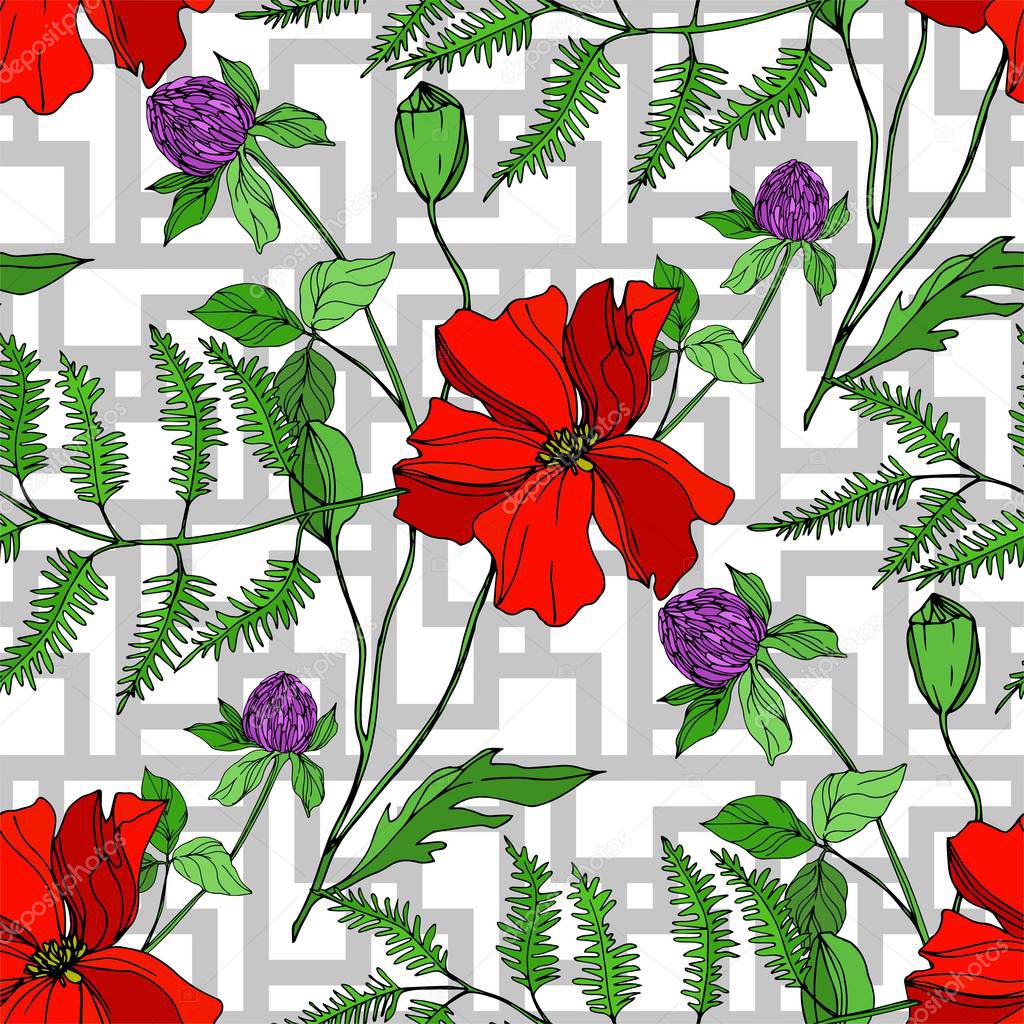 Vector Wildflowers floral botanical flowers. Black and white engraved ink art. Seamless background pattern.