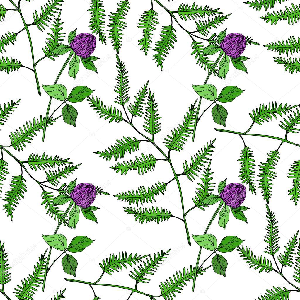 Vector Wildflowers floral botanical flowers. Black and white engraved ink art. Seamless background pattern.