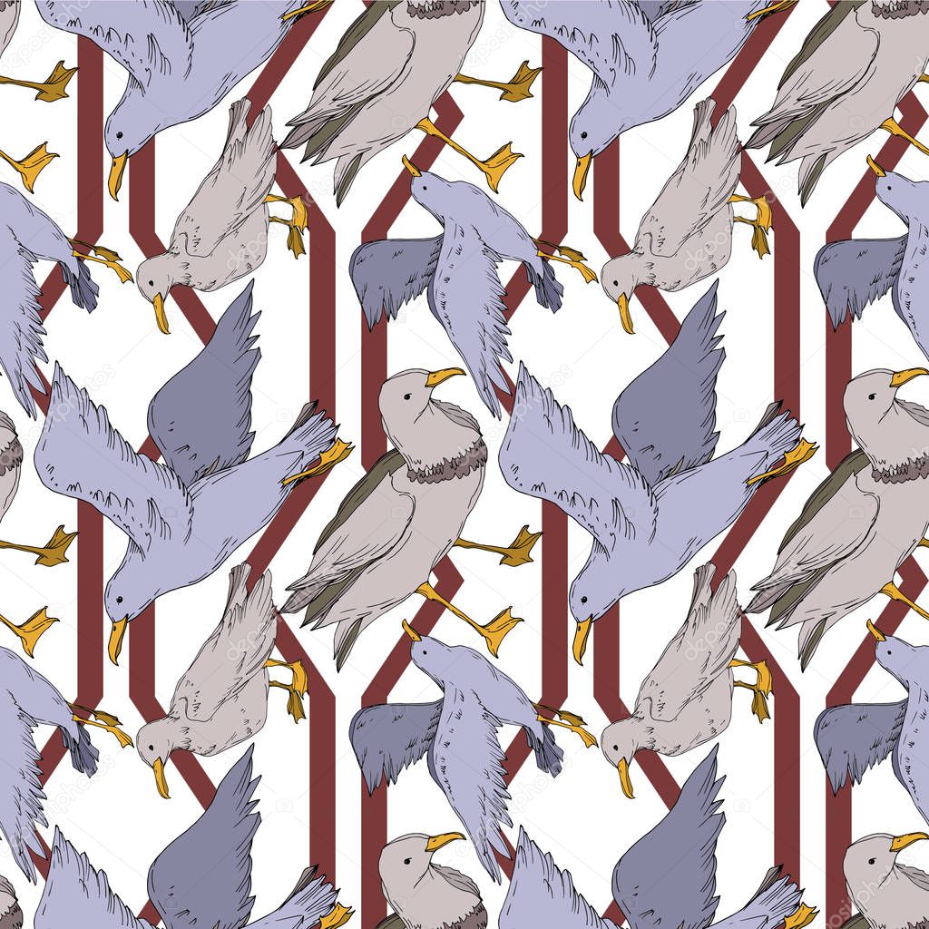 Vector Sky bird seagull isolated. Black and white engraved ink art. Seamless background pattern.