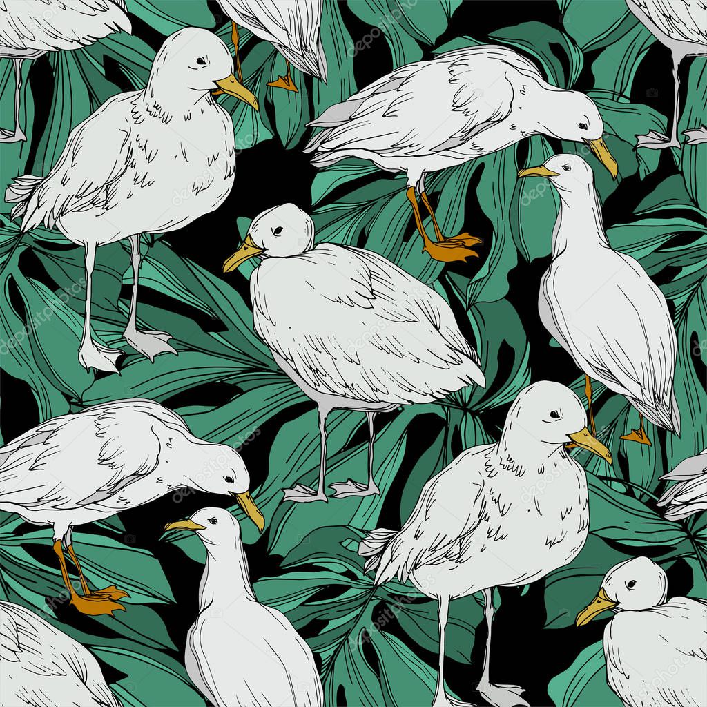 Vector Sky bird seagull in a wildlife isolated. Black and white engraved ink art. Seamless background pattern.