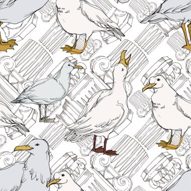 Vector Sky bird seagull in a wildlife. Black and white engraved ink art. Seamless background pattern. clipart