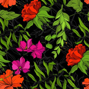 Vector Tropical floral botanical flower. Engraved ink art. Seamless background pattern. Fabric wallpaper print texture. clipart