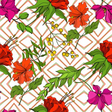 Vektör Tropikal Botanik Çiçeği. İşlenmiş mürekkep sanatı. Kusursuz bir arka plan modeli. Kumaş duvar kağıdı baskı dokusu.