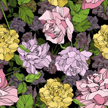Vector Rose floral botanical flowers. Wild spring leaf wildflower. Engraved ink art. Seamless background pattern. clipart