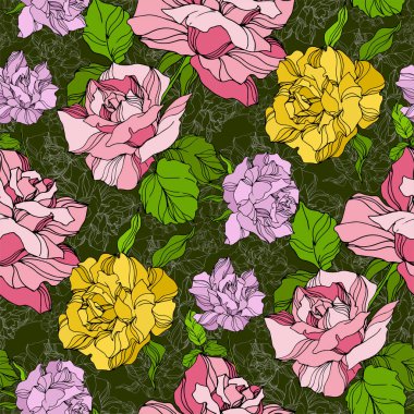Vector Rose floral botanical flowers. Wild spring leaf wildflower. Engraved ink art. Seamless background pattern. clipart