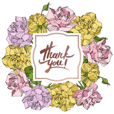 Vektör Gül çiçekli botanik çiçekleri. Vahşi bahar yaprağı kır çiçeği. İşlenmiş mürekkep sanatı. Çerçeve kenar süsü kare.