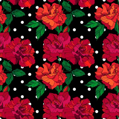Vector Rose floral botanical flowers. Green and red engraved ink art. Seamless background pattern. clipart