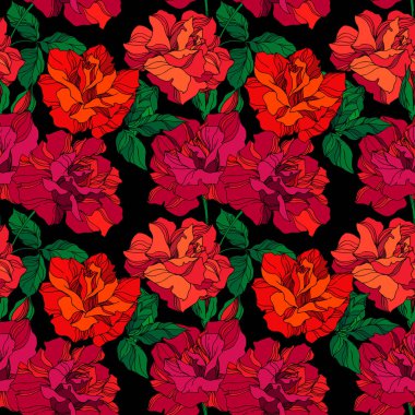 Vektör Gül çiçekli botanik çiçekleri. Yeşil ve kırmızı işlemeli mürekkep sanatı. Kusursuz arkaplan deseni.