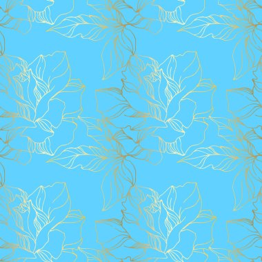 Vektör Gül çiçekli botanik çiçekleri. Mavi ve altın işlemeli mürekkep sanatı. Kusursuz arkaplan deseni.