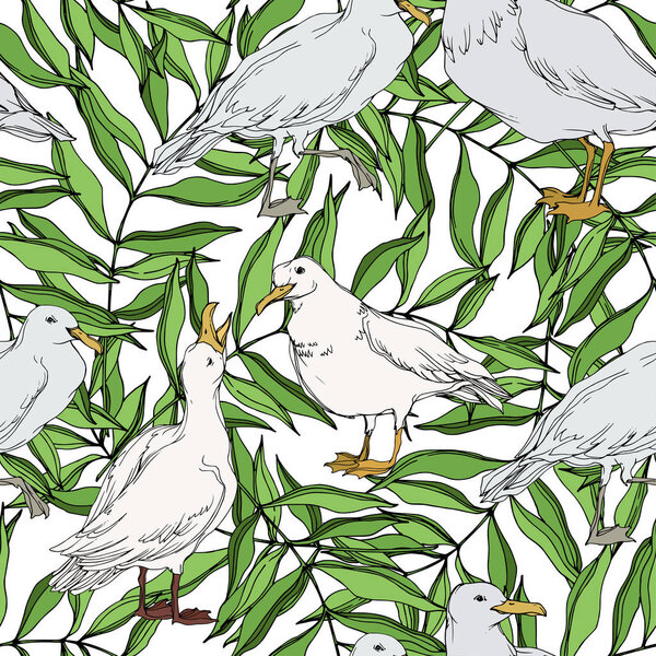 Vector Sky bird seagull in a wildlife. Black and white engraved ink art. Seamless background pattern.