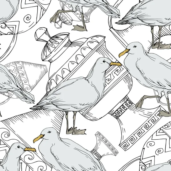 Vector Sky pájaro gaviota en una fauna. Tinta grabada en blanco y negro. Patrón de fondo sin costuras . — Archivo Imágenes Vectoriales