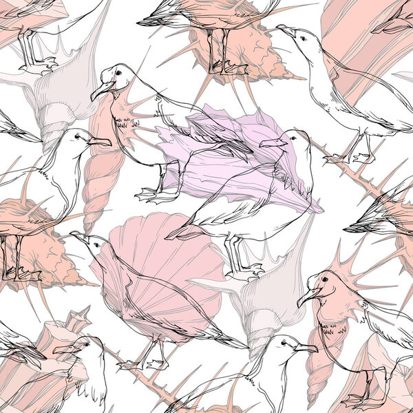 Vector Sky bird seagull in a wildlife. Black and white engraved ink art. Seamless background pattern.