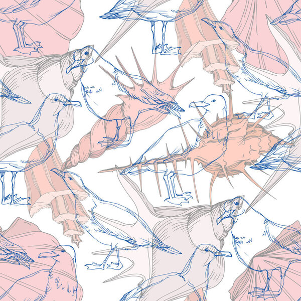 Vector Sky bird seagull in a wildlife. Black and white engraved ink art. Seamless background pattern.