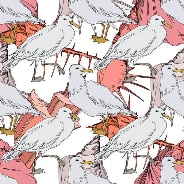 Vector Sky bird seagull in a wildlife. Black and white engraved ink art. Seamless background pattern.