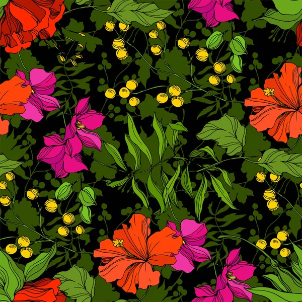 Vector Flor botánica floral tropical. Arte de tinta grabada. Patrón de fondo sin costuras. Textura de impresión de papel pintado de tela . — Vector de stock