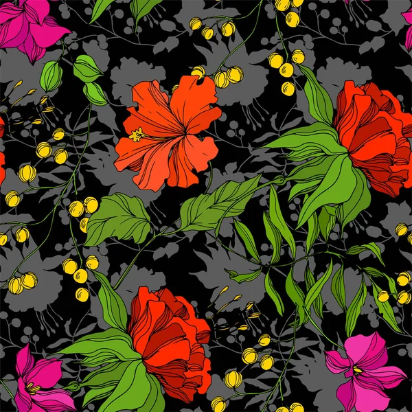 Vector Flor botánica floral tropical. Arte de tinta grabada. Patrón de fondo sin costuras. Textura de impresión de papel pintado de tela . — Vector de stock