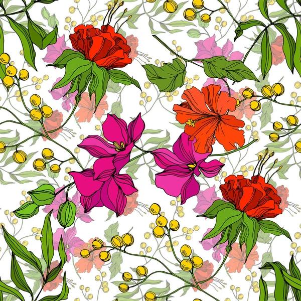Vektor Trópusi virágos botanikus virág. Vésett tintaművészet. Zökkenőmentes háttér minta. Szövet tapéta nyomat textúra. — Stock Vector