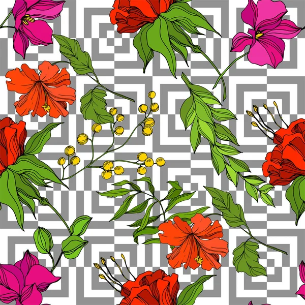 Vector Tropische bloemen botanische bloem. Gegraveerde inkt kunst. Naadloos achtergrondpatroon. stof behang print textuur. — Stockvector