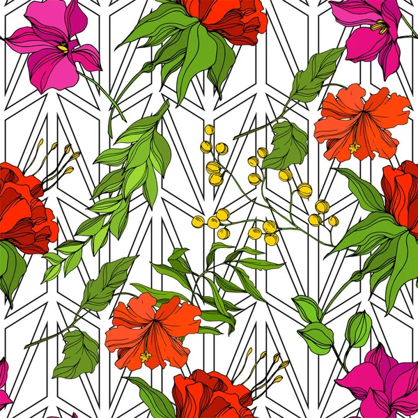 벡터 열 대 꽃의 식물학적 인 꽃. 조각된 잉크 예술. 배경 패턴 이 없습니다. 섬유 벽지인 쇄 질감. — 스톡 벡터