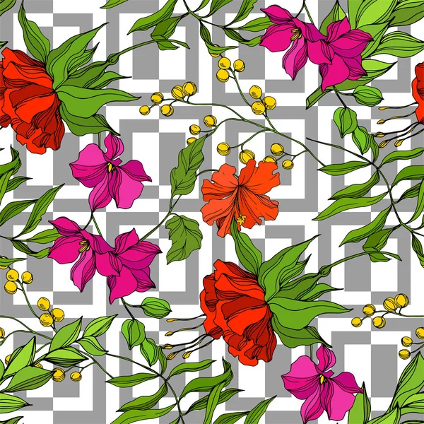 Vektor Trópusi virágos botanikus virág. Vésett tintaművészet. Zökkenőmentes háttér minta. Szövet tapéta nyomat textúra. — Stock Vector