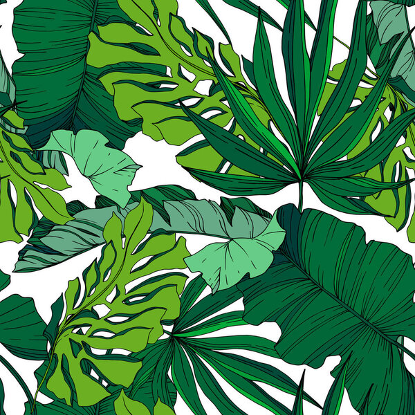 Vector Palm beach tree leaves jungle botanical. Black and white engraved ink art. Seamless background pattern.